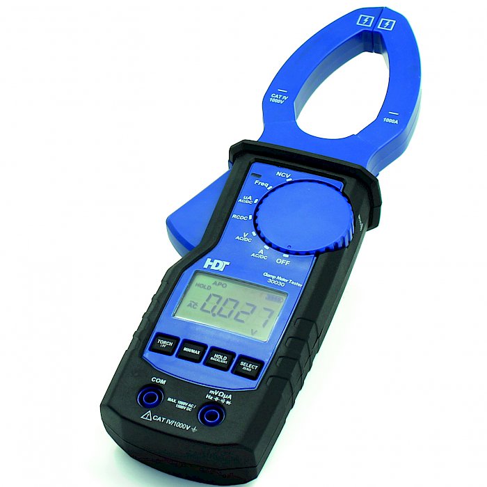 Professional voltage tester with LED-chain, LCD and current fork (fork meter)